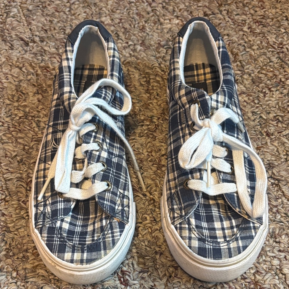 Sperry Boys youth 2 Navy plaid tie shoes